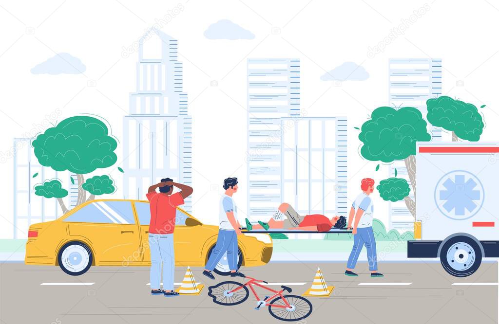Bicycle accident cyclist collision with car, emergency care, vector flat illustration