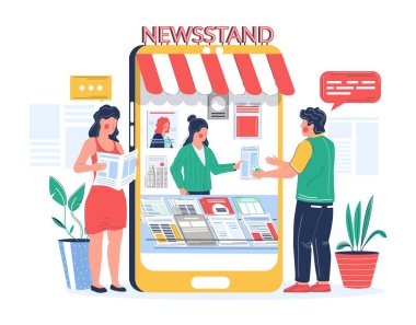 Digital newsstand. People buying and reading newspaper magazine online, vector flat illustration clipart