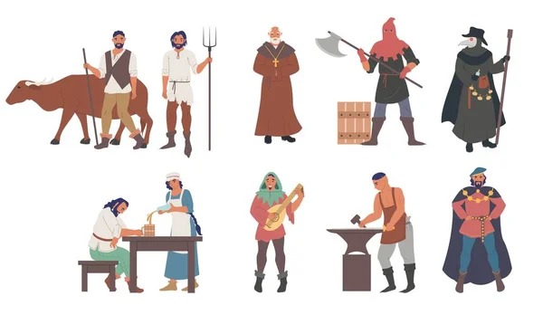 Personas medievales macho y hembra conjunto de personajes de dibujos animados, vector plano ilustración aislada — Archivo Imágenes Vectoriales