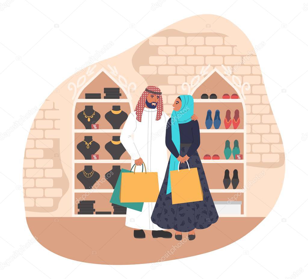 Happy muslim couple shopping in women store, flat vector illustration