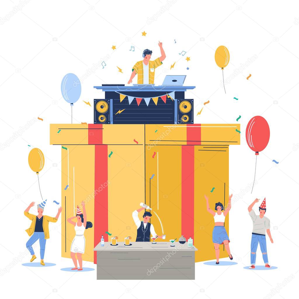 Group of people celebrating happy birthday, vector flat illustration