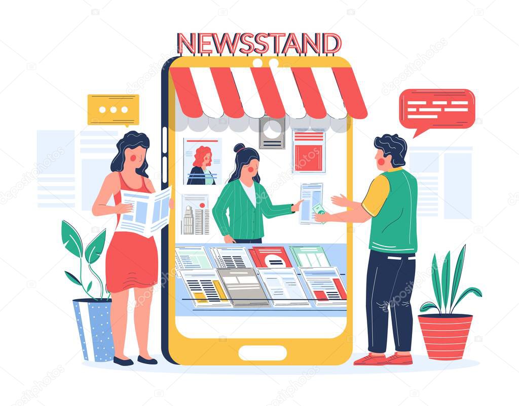 Digital newsstand. People buying and reading newspaper magazine online, vector flat illustration