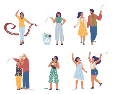 Defeated Covid-19, ending coronavirus pandemic quarantine characters, flat vector isolated illustration vector Defeated Covid-19, ending coronavirus pandemic quarantine characters, flat vector isolated illustration vector