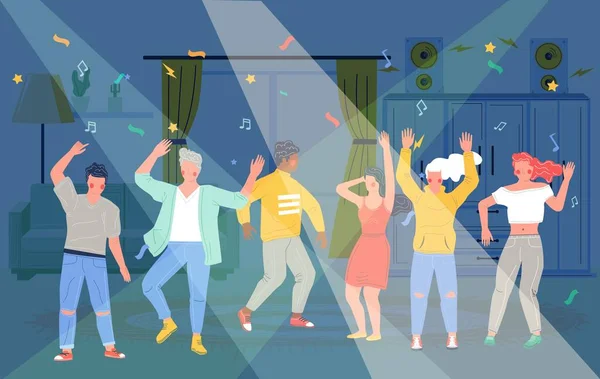 Thuis feestje. Gelukkige mensen dansen, rust nemen en plezier hebben, vector platte illustratie — Stockvector