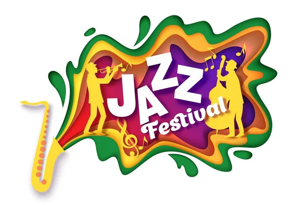 Vector papel corte estilo artesanato composição musical para jazz festival festa cartaz banner card — Vetor de Stock