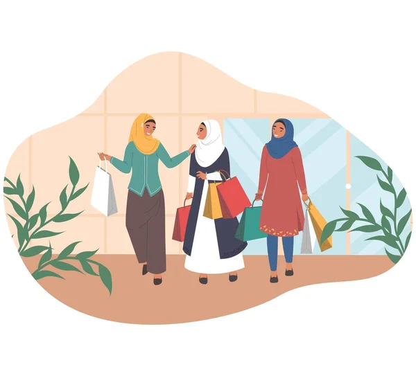Mujeres árabes felices caminando con bolsas de compras hablando entre sí, ilustración de vector plano — Vector de stock