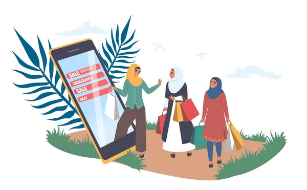 Heureuses femmes musulmanes faisant leurs achats en ligne, illustration vectorielle plate — Image vectorielle