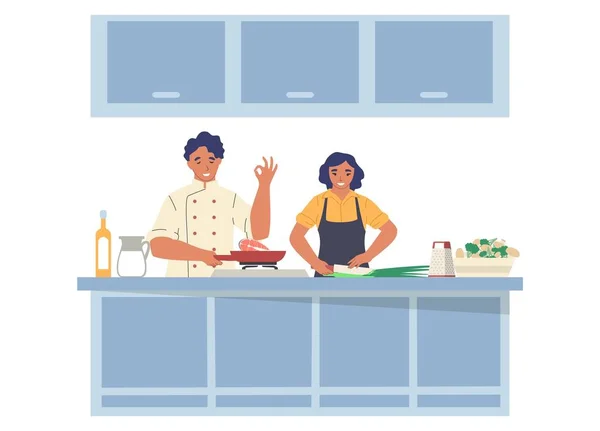 Cooking TV show. Man and woman preparing dish in kitchen, flat vector illustration — Stock Vector