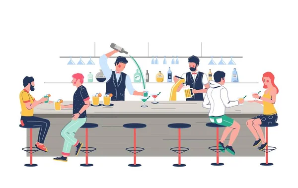 Personagens bartender derramando cerveja, fazendo coquetel de álcool para pub, bar, clientes do clube, ilustração vetorial plana — Vetor de Stock
