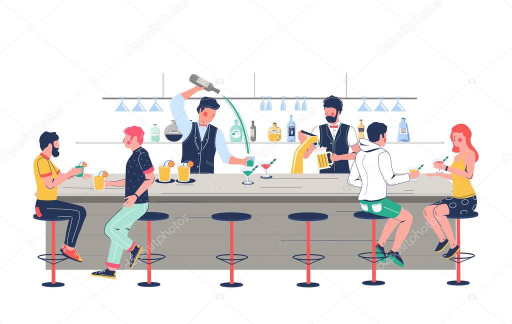 Bartender characters pouring beer, making alcohol cocktail for pub, bar, club customers, vector flat illustration