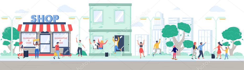 Shop reopening after quarantine, happy people leaving house and walking in the park, vector flat illustration vector Shop reopening after quarantine, happy people leaving house and walking in the park, vector flat illustration vector