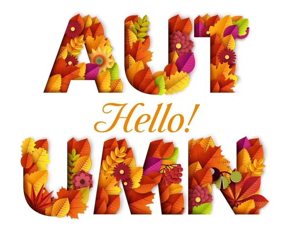 Hello Design typographique d'automne réalisé avec des feuilles et des éléments floraux. Illustration de style de coupe de papier vectoriel. Peut être utilisé pour la publicité d'affaires, bannières, affiches. Feuilles et feuillage d'érable d'automne — Image vectorielle