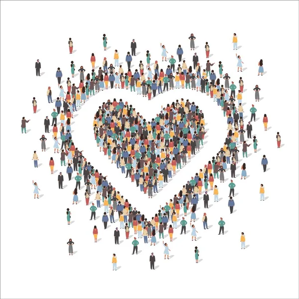 Μεγάλη ομάδα ανθρώπων που σχηματίζουν το σύμβολο σχήμα της ανθρώπινης καρδιάς, επίπεδη διανυσματική απεικόνιση. Αγάπη, σύμβολο εκτίμησης. — Διανυσματικό Αρχείο