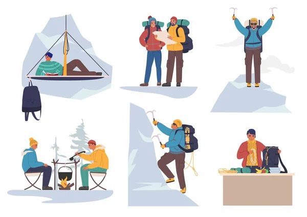 Mountain climber cartoon character set, flat vector illustration. Outdoor adventure, mountaineering. — Stock Vector