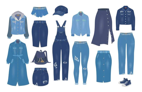 Set di abiti in denim donna, illustrazione isolata vettoriale piatta. Abito jeans blu, abbigliamento casual, modelli jeans strappati. — Vettoriale Stock