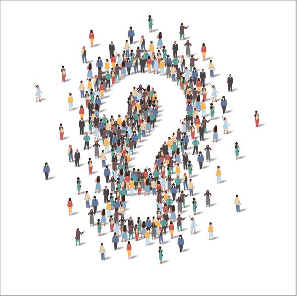Large group of people forming together question mark symbol, flat vector illustration.