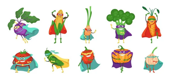Superhéros drôle jeu de caractères de dessin animé de légumes, illustration isolée vecteur plat. — Image vectorielle