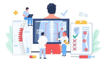 Osteopati seansı ve tedavi. Doktorlar hastanın omurgasını, düz vektör çizimini inceliyor..