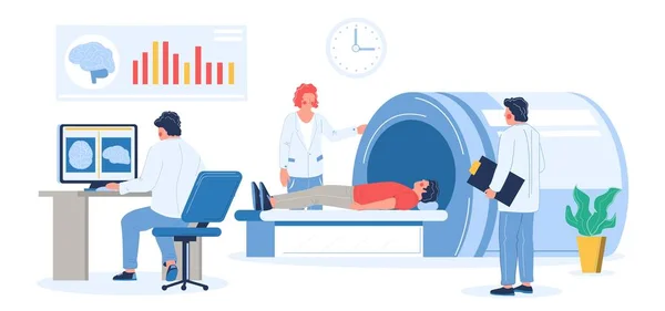 Procedimiento de examen por resonancia magnética en la clínica. Médicos, profesionales médicos haciendo la exploración de la cabeza de la resonancia magnética del paciente, ilustración plana del vector. — Archivo Imágenes Vectoriales