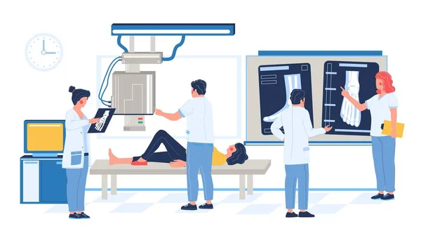 Prueba de rayos X médica de fractura de hueso de la pierna, lesión en la habitación del hospital, ilustración de vector plano. — Vector de stock