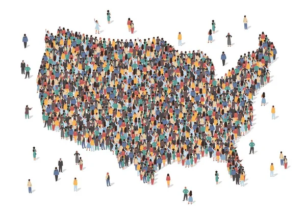Χάρτης των ΗΠΑ που αποτελείται από πολλούς ανθρώπους, μεγάλο σχήμα πλήθους. Ομάδα ανθρώπων μείνετε σε μας σχηματισμό χάρτη της χώρας. Μετανάστευση, εκλογές, πολυπολιτισμική ποικιλομορφία. Διάνυσμα ισομετρική απεικόνιση — Διανυσματικό Αρχείο