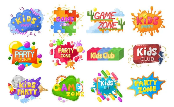 Emblema festa per bambini, logo, banner, set di etichette, illustrazione isolata vettoriale piatta. Decorazione club per bambini. — Vettoriale Stock