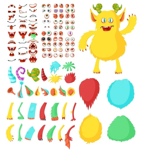Cute monster cartoon character constructor kit, flat vector isolated illustration. Funny animal and creature body parts. — Stock Vector