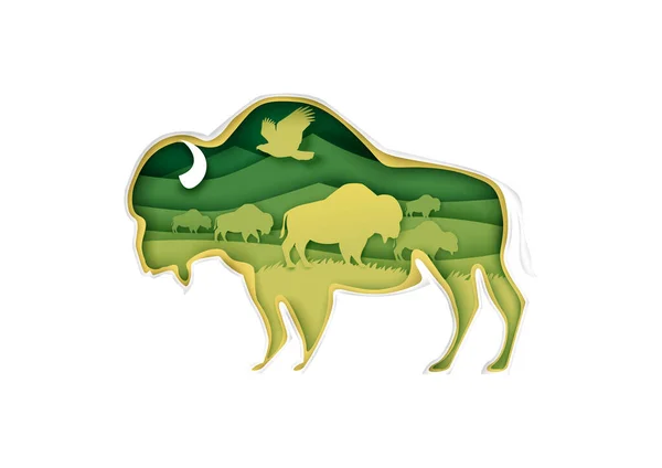 Silueta de búfalo grande con paisaje de pradera, pájaro, bisonte americano en el interior, ilustración vectorial en estilo de arte de papel. — Vector de stock