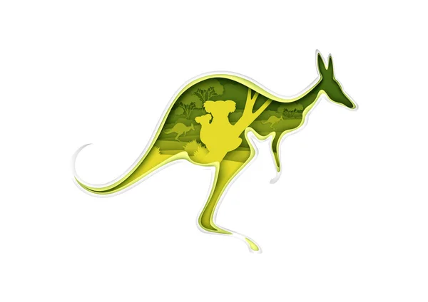 Känguru-Silhouette mit australischer Natur, Koalabären, Vektorillustration im Stil der Papierkunst. Mehrfachbelastung. — Stockvektor