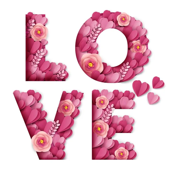 Parola d'amore fatta di bei fiori e cuori rosa taglio di carta, illustrazione vettoriale. Amore modello banner tipografia. — Vettoriale Stock