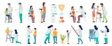 Pediyatrist doktorlar ve hastalar, düz vektör çizimi. Çocuklu aileler doktoru ziyaret ediyor. Çocukların sağlık kontrolleri