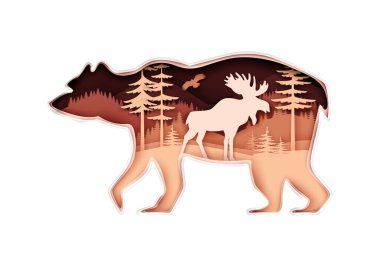 Ormanlı ayı silueti, uçan kuş, geyik, kağıt sanatında vektör çizimi. Hayvanları kurtar. Çoklu pozlama.