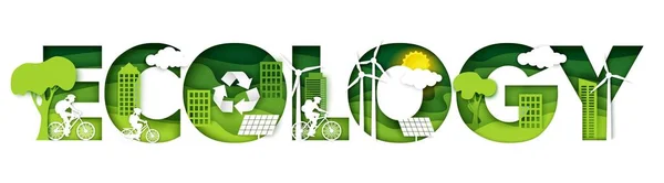 Palabra ecológica con bicicletas familiares de corte de papel, ciudad ecológica verde, ilustración vectorial en estilo de arte de papel. — Vector de stock