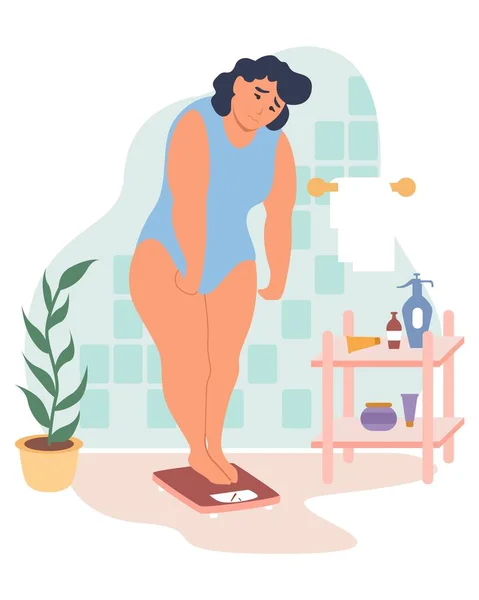 Obesidad y problemas de peso. Mujer triste con sobrepeso de pie en la escala de peso, ilustración vectorial plana. — Vector de stock