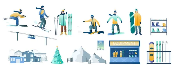 Komplet zimowych ośrodków narciarskich, izolowana ilustracja wektora. narciarz, snowboardzista, wypożyczalnia sprzętu, kolejka linowa, stok górski. — Wektor stockowy