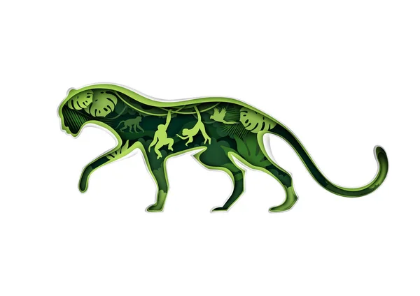 Jaguar-Silhouette mit Regenwaldnatur, Dschungeltieren, Vektorillustration im Stil der Papierkunst. Mehrfachbelastung. — Stockvektor