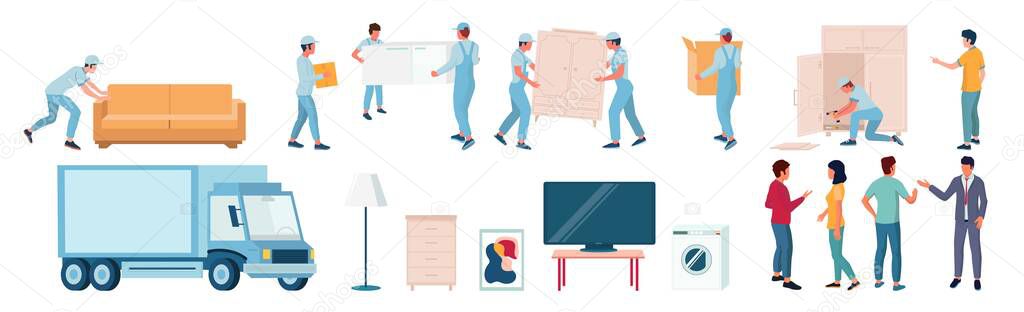 Home moving and relocation set, flat vector isolated illustration. Moving and delivery company services.
