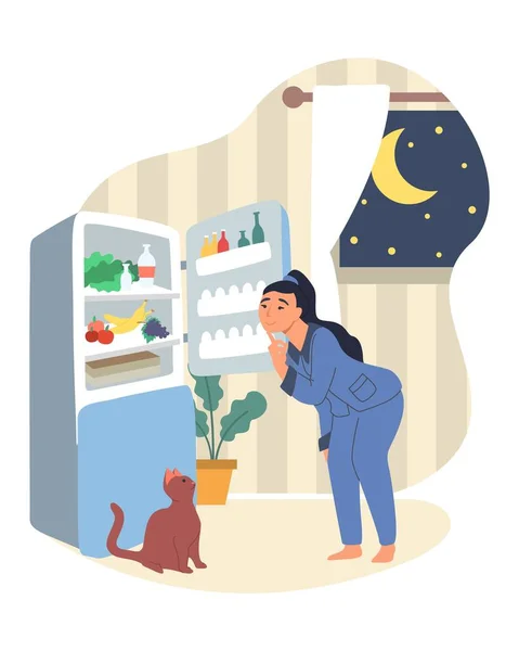 Obesidad y problemas de peso. Hambrienta mujer con sobrepeso de pie delante del refrigerador abierto, vector plano ilustración. — Archivo Imágenes Vectoriales