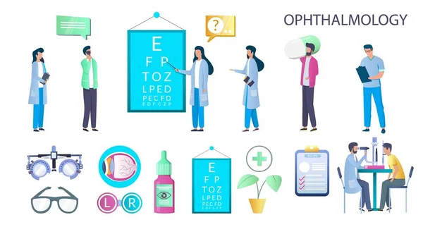 Szemészeti készlet, lapos vektor izolált illusztráció. Orvos szemész és türelmes karakterek. Szemészeti áttekintő táblázat. — Stock Vector