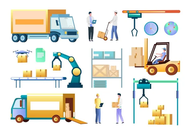 Isometric warehouse workers and equipment, vector isolated illustration. Logistic warehouse services, delivery. — Stock Vector