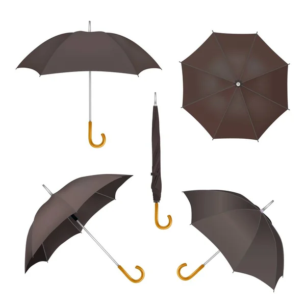 Black umbrella mockup set, vector illustration isolated on white background. Realistic folded and opened parasols. — Stock Vector