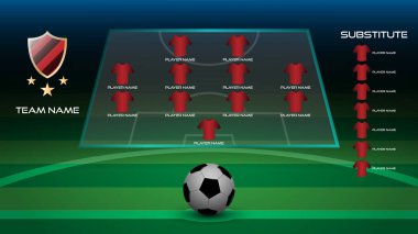 Futbol başlangıç çizgisine kadar oyuncu ile takım logo, takım adı ve yedek oyuncu, gerçekçi 3d futbol futbol çim sahası, vektör çizim üzerinde