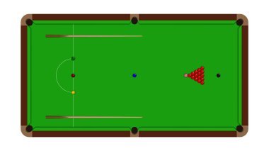 Topları ve beyaz bir arka plan üzerinde vektör illüstrasyon izole cue ile gerçekçi snooker tablonun üstten görünüm