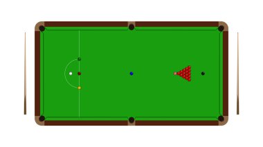 Topları ve beyaz bir arka plan üzerinde vektör illüstrasyon izole cue ile gerçekçi snooker tablonun üstten görünüm