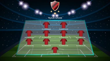 Çim saha futbol başlangıç çizgisine kadar oyuncu ve takım logosu ile adı takım ve oyuncu, vektör çizim yerine