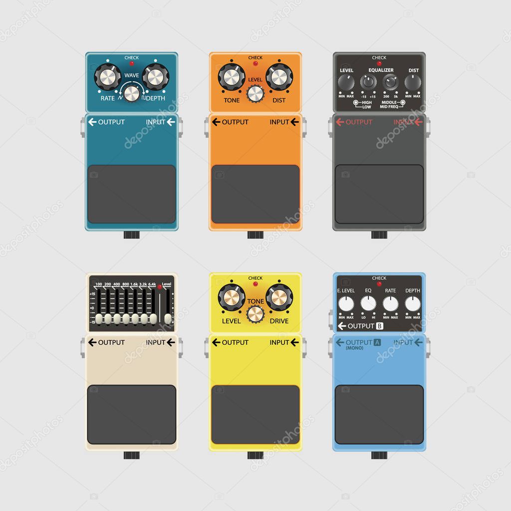 Realistic guitar effects pedal and stomp boxes, vector illustration