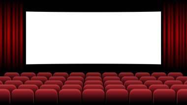 Boş ekran ve kırmızı koltuklu sinema, vektör illüstrasyonu