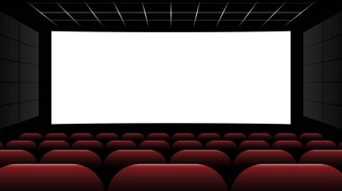 Boş ekran ve kırmızı koltuklu sinema, vektör illüstrasyonu