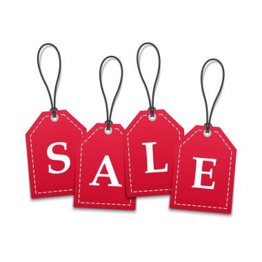 Beyaz arkaplanda izole edilmiş 3D kırmızı kağıt fiyat etiketleri, vektör illüstrasyonu