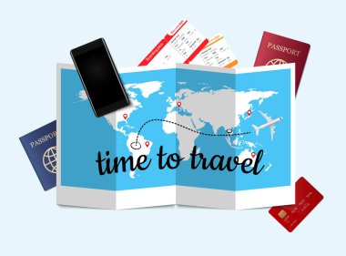 Seyahat konsepti, pasaport, geçiş kartı, kredi kartı ve akıllı telefon mavi dünya haritasında gerçekçi düzlem, vektör illüstrasyonlu